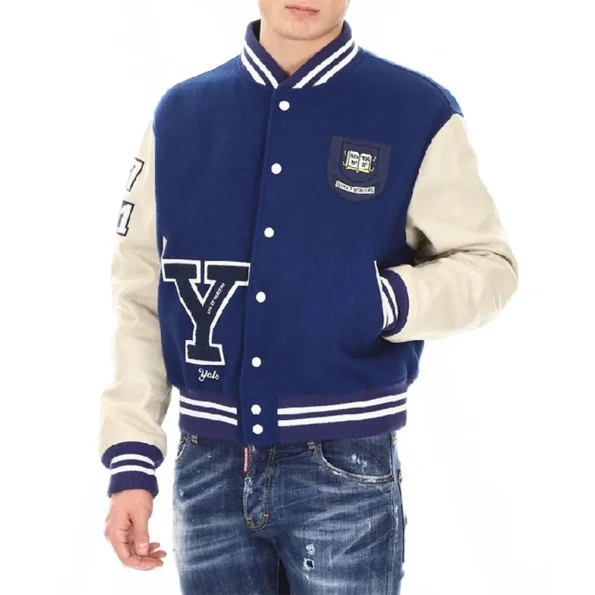 Side view of model in Calvin Klein Yale Varsity Jacket