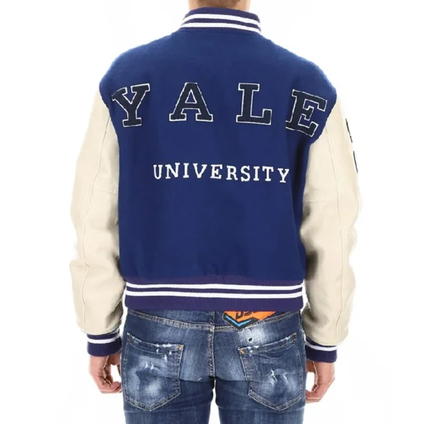 Model wearing Calvin Klein Yale Varsity Jacket back view