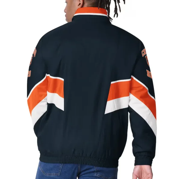 Model wearing Chicago Bears Captain Varsity Jacket back view