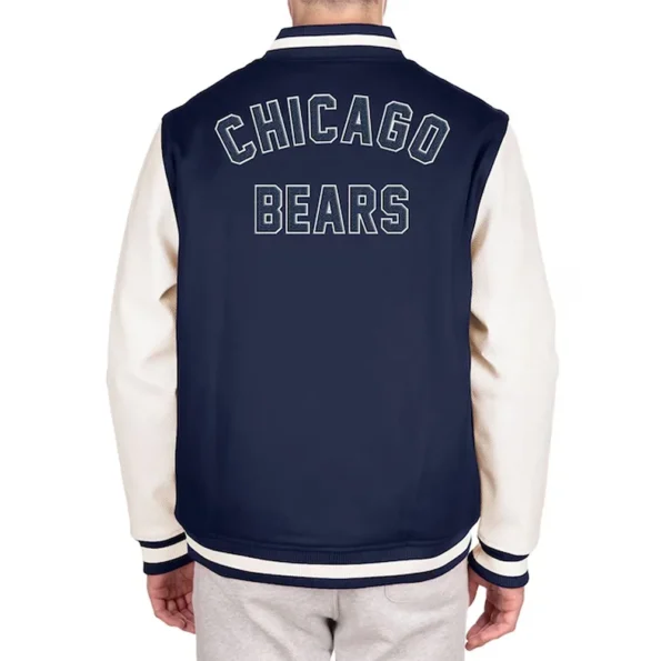 Model wearing Chicago Bears Varsity Jacket back view