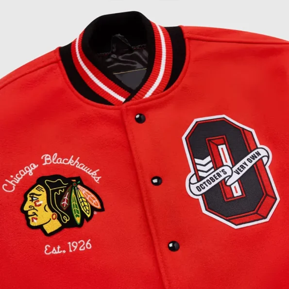 Close-up of OVO Chicago Blackhawks Varsity Jacket detailing