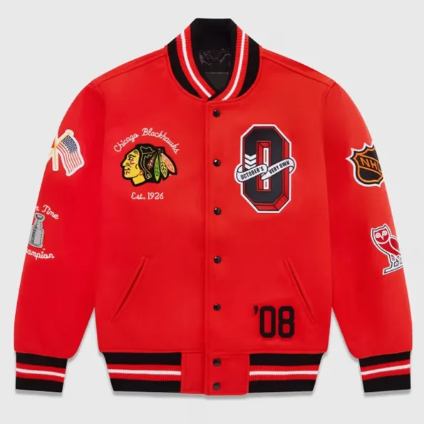 Front view of OVO Chicago Blackhawks Varsity Jacket