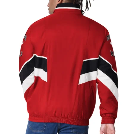 Model wearing Chicago Bulls Captain Varsity Jacket back view