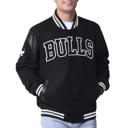 Model wearing Chicago Bulls Clutch Varsity Jacket front view