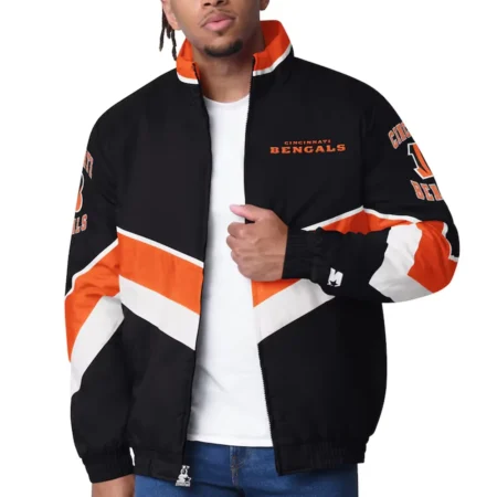 Model wearing Cincinnati Bengals Varsity Satin Jacket front view