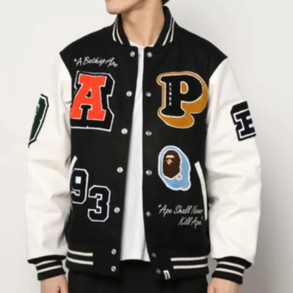 Model wearing Crazy Patch Bape Varsity Jacket front view