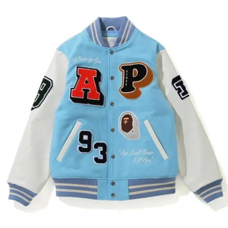 Front view of Crazy Patch Bape Varsity Jacket