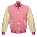 Front view of Cream and Pink Varsity Wool Jacket