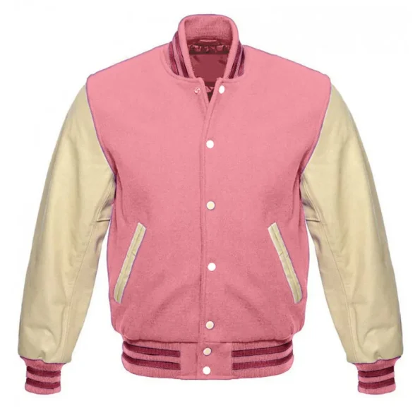 Front view of Cream and Pink Varsity Wool Jacket