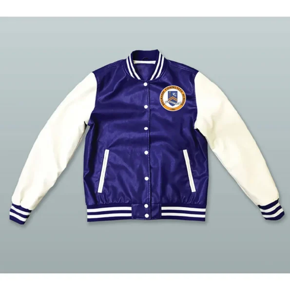 Front view of Degrassi Blue and White Varsity Jacket