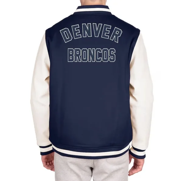 Model wearing Denver Broncos Varsity Jacket back view