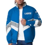 Model in Detroit Lions Captain Varsity Jacket Front