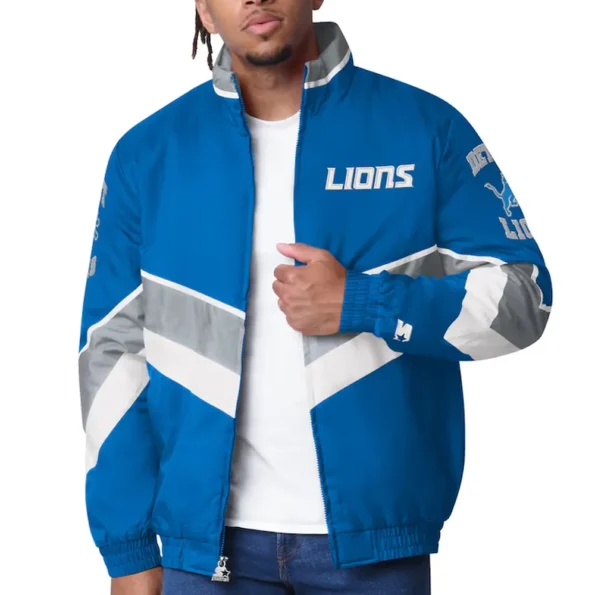 Model wearing Detroit Lions Captain Varsity Jacket front view