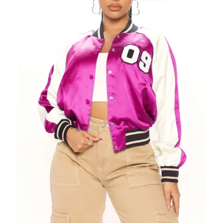 Front view of Women's Fuchsia and White Varsity Jacket