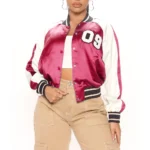 Womens Fuchsia and White Varsity Jacket Front