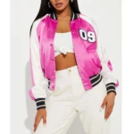 Womens Fuchsia and White Varsity Jacket Front