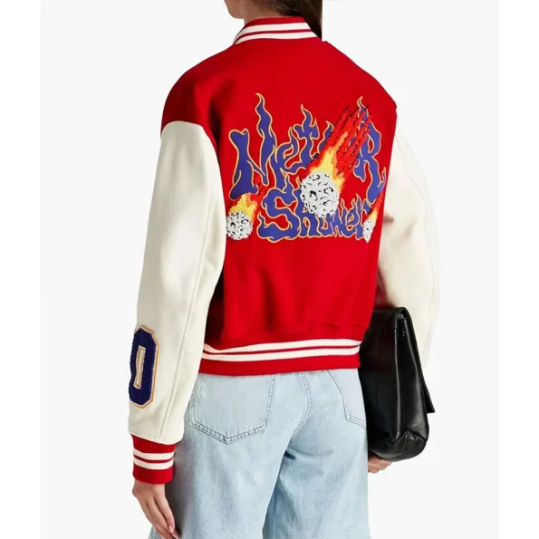 Model wearing Gigi Hadid Meteor Shower Varsity Jacket back view