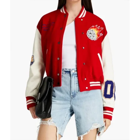 Model wearing Gigi Hadid Meteor Shower Varsity Jacket front view