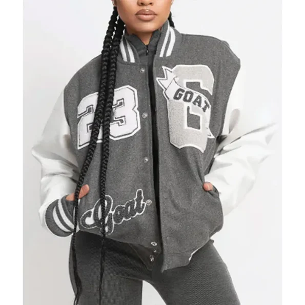 Model wearing Goat 23 Varsity Jacket front view