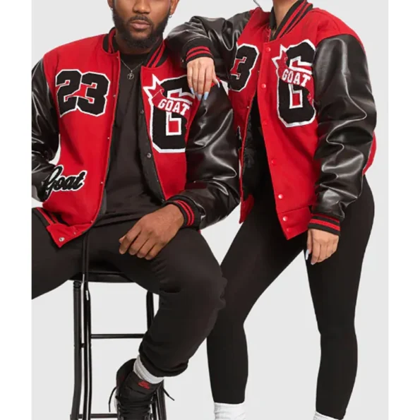 Model wearing Goat 23 Varsity Jacket front view