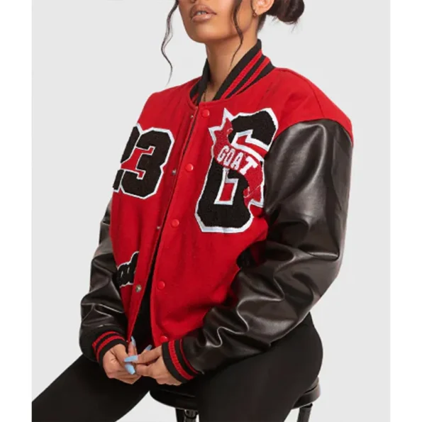 Side view of model in Goat 23 Varsity Jacket