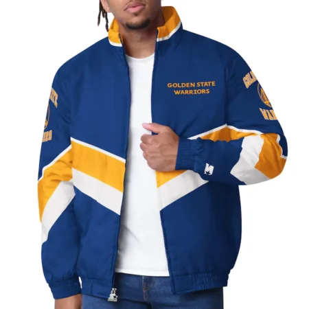 Model wearing Golden State Warriors Varsity Satin Jacket front view