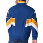 Model in Golden State Warriors Varsity Satin Jacket Front