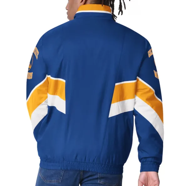 Model wearing Golden State Warriors Varsity Satin Jacket back view