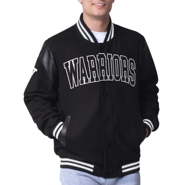 Model wearing Golden State Warriors Clutch Varsity Jacket front view