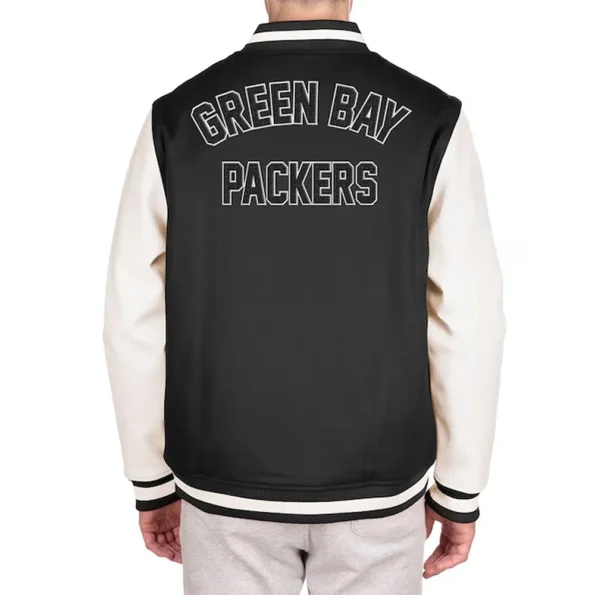 Model wearing Green Bay Packers Down Varsity Jacket back view