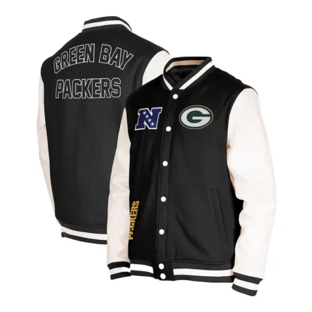 Front and back view of Green Bay Packers Down Varsity Jacket