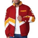 Model wearing Kansas City Chiefs Captain Varsity Jacket front view