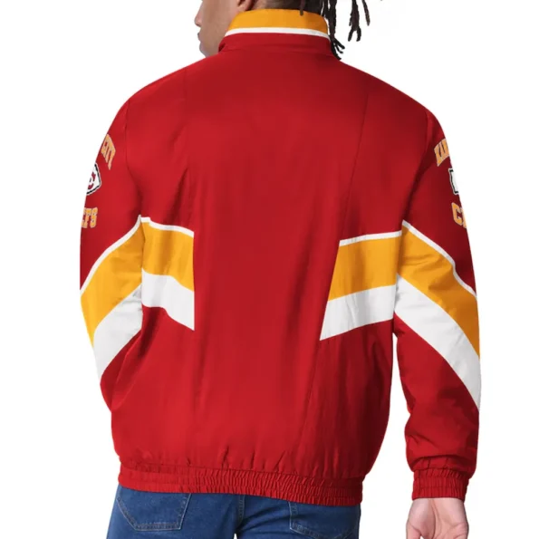 Model wearing Kansas City Chiefs Captain Varsity Jacket back view