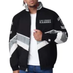 Model wearing Las Vegas Raiders Varsity Satin Jacket front view