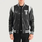 Model in Liberte Texas Black Varsity Jacket Fron