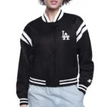 Model wearing LA Dodgers Printed Logo Varsity Jacket front view