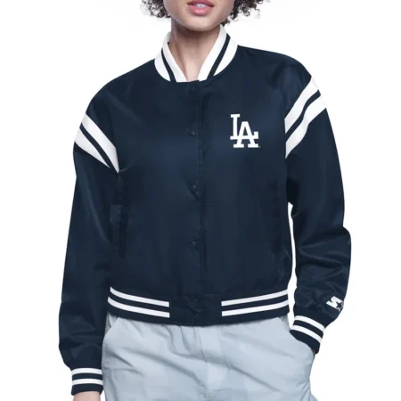 Model wearing LA Dodgers Printed Logo Varsity Jacket front view