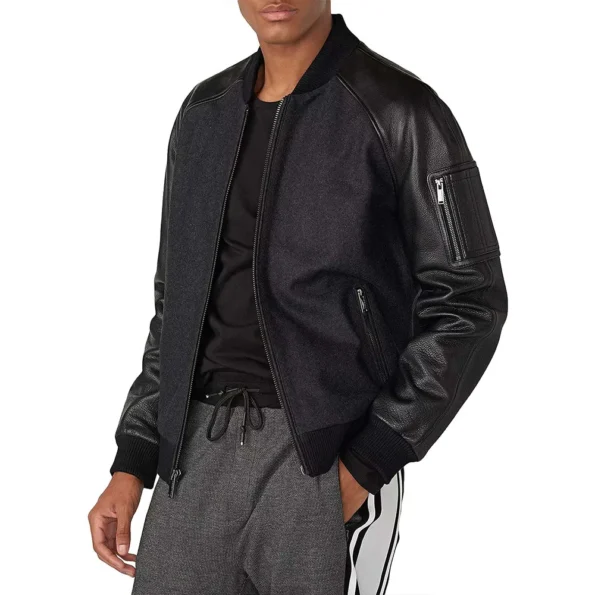 Side view of model in Melvin Robert Extra Varsity Jacket