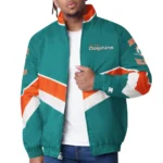 Model wearing Miami Dolphins Captain Varsity Jacket front view