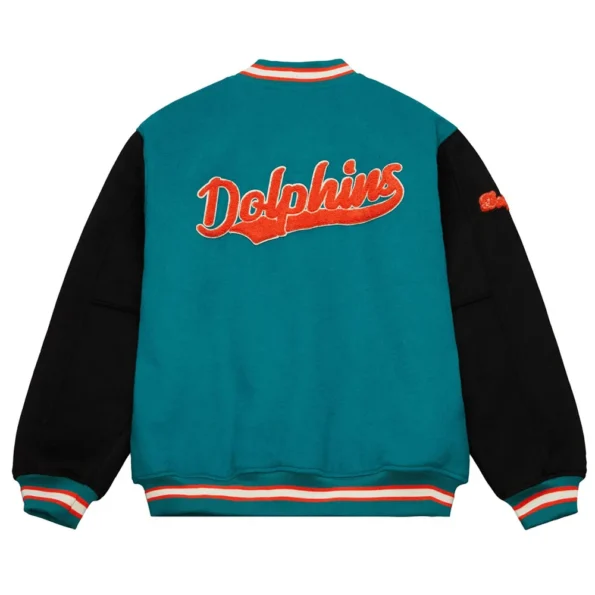 Back view of Miami Dolphins Team Legacy Varsity Jacket