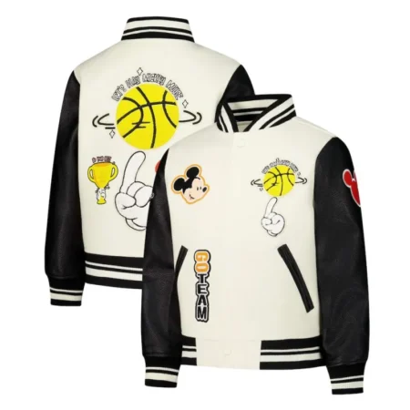 Front and back view of Mickey Mouse Basketball Varsity Jacket