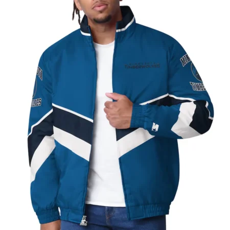 Model wearing Minnesota Timberwolves Varsity Satin Jacket front view