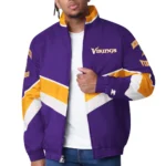 Model wearing Minnesota Vikings Varsity Satin Jacket front view