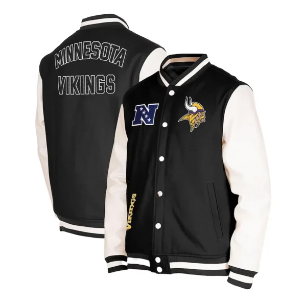 Front and back view of Minnesota Vikings Down Varsity Jacket