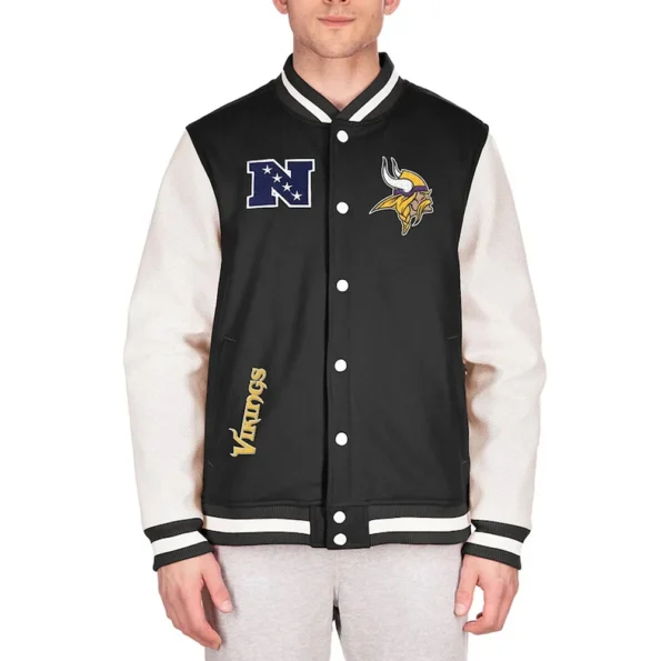 Model wearing Minnesota Vikings Varsity Jacket front view