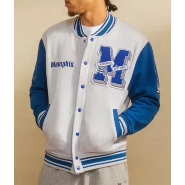 Model wearing NCAA Memphis Tigers OVO Varsity Jacket front view