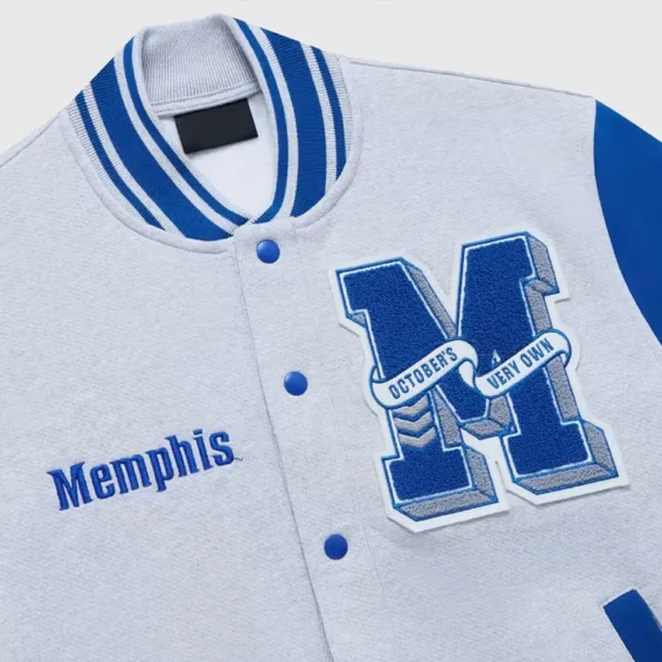 Close-up of NCAA Memphis Tigers OVO Varsity Jacket details