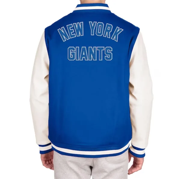 Model wearing New York Giants Third Down Varsity Jacket back view