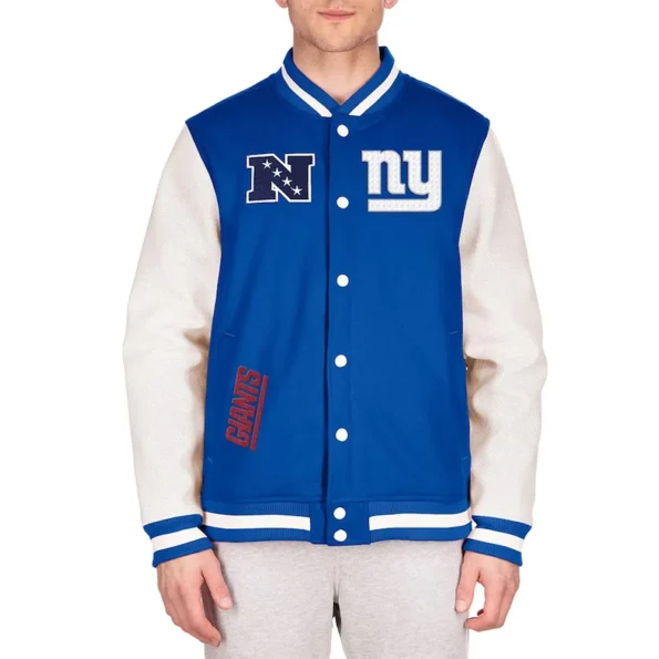 Model wearing New York Giants Third Down Varsity Jacket front view