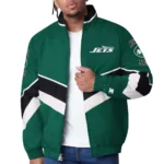 Model in New York Jets Captain Varsity Jacket Front